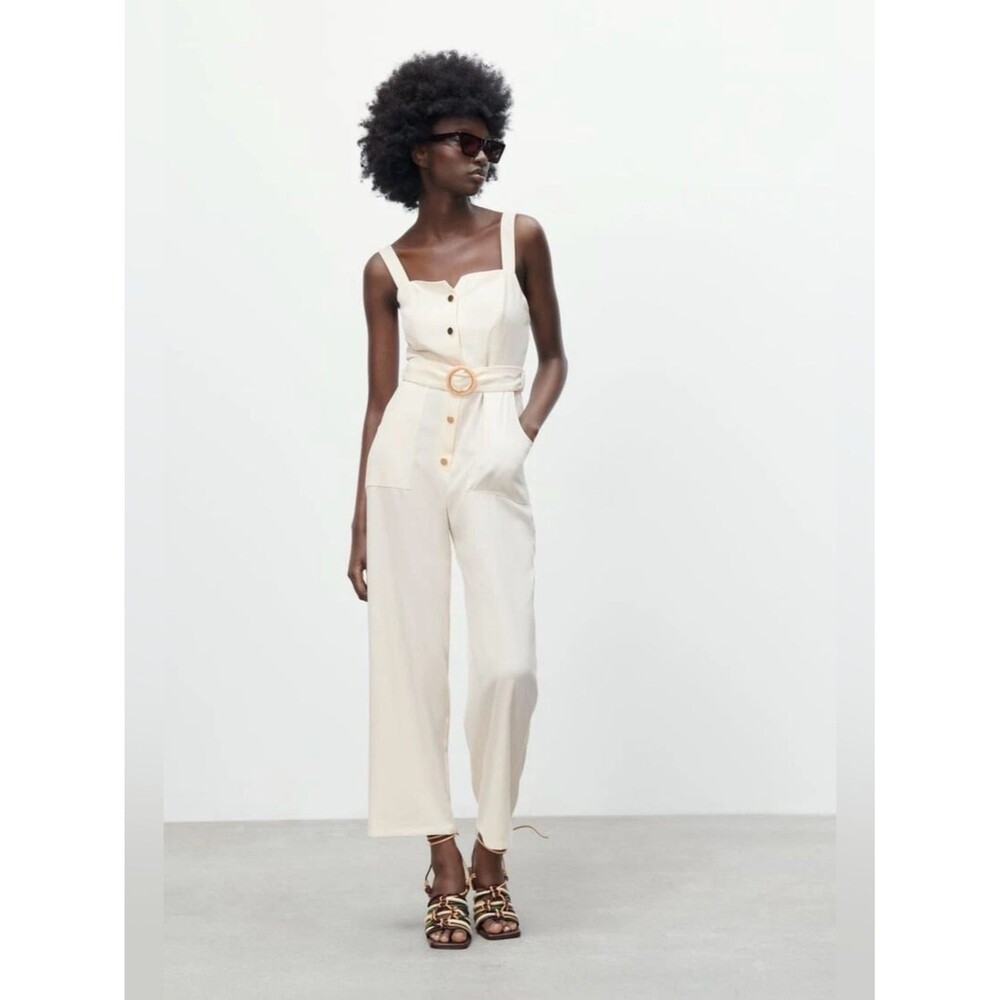 Zara Cream Belted Wide Leg Jumpsuit Size Small NWT